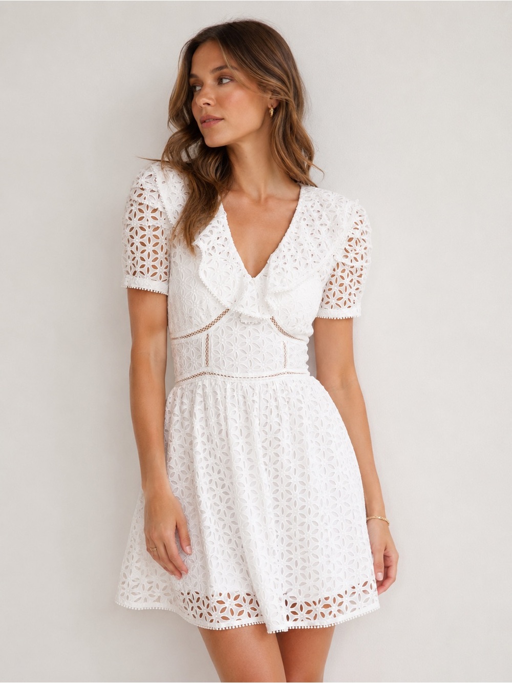 Self-Portrait Broderie Anglaise Cotton Puff-Sleeve White Mini Dress Size 4 NWT